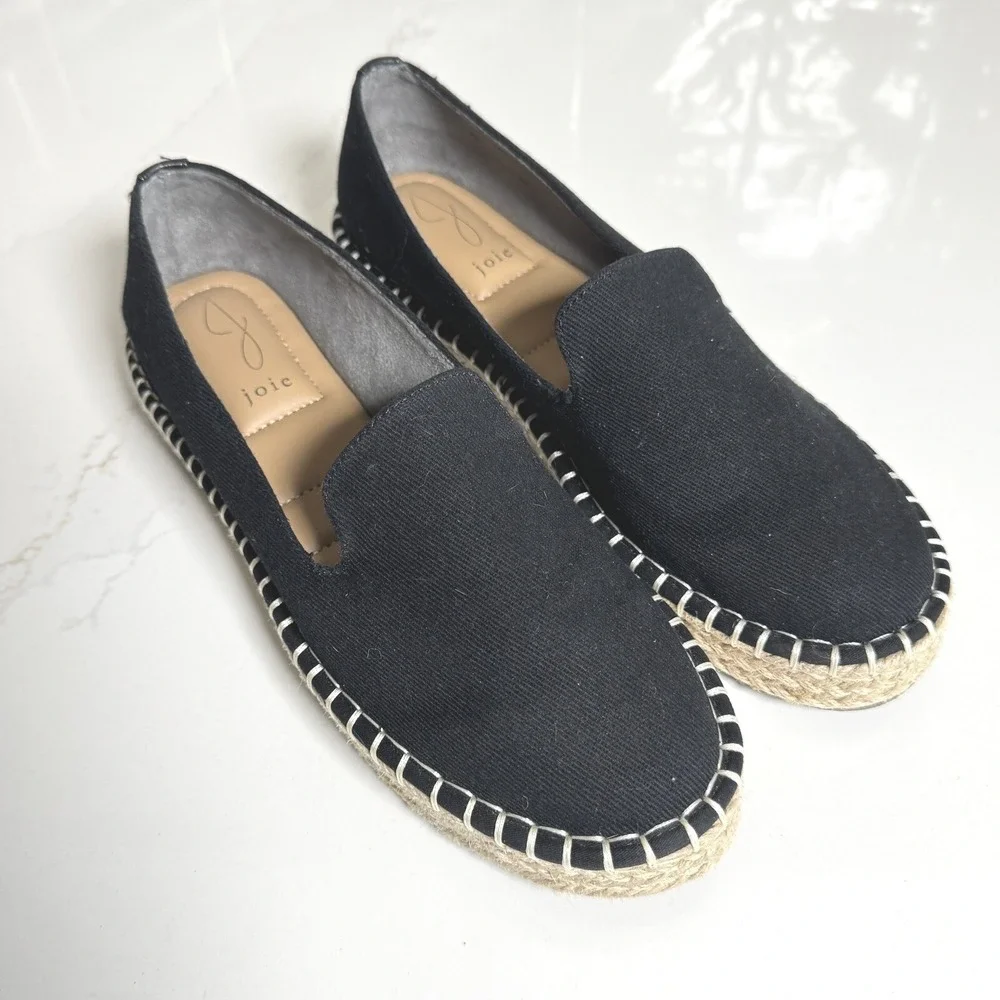 Joie Cara Espadrille Flats Women 7.5 Black Canvas Jute Slip On Shoes‎